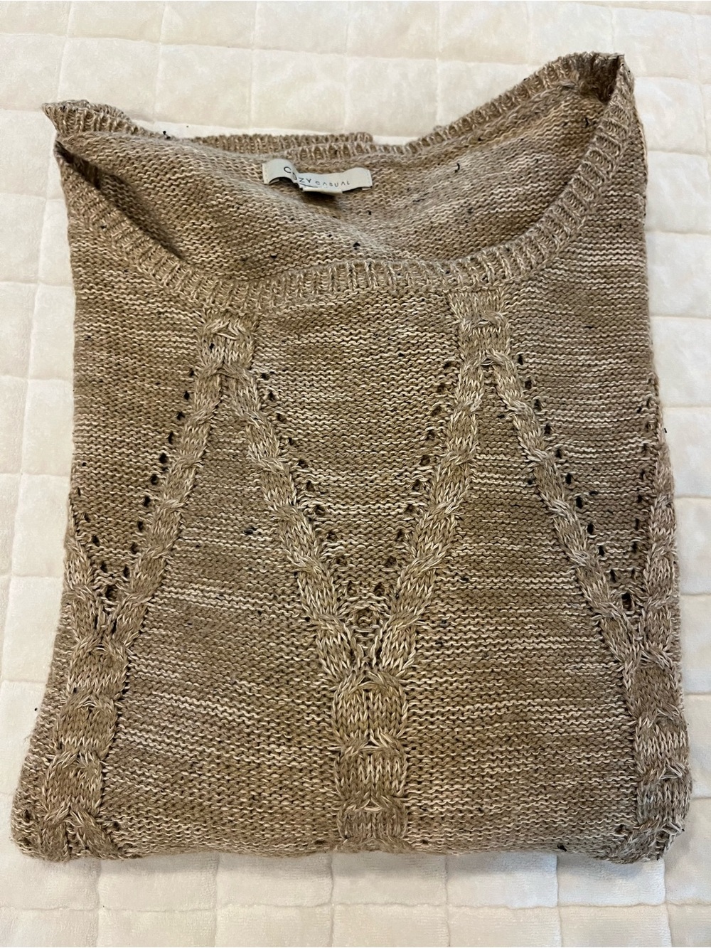 Cozy Casual plus-size Open-Knit Crewneck Sweater in Taupe